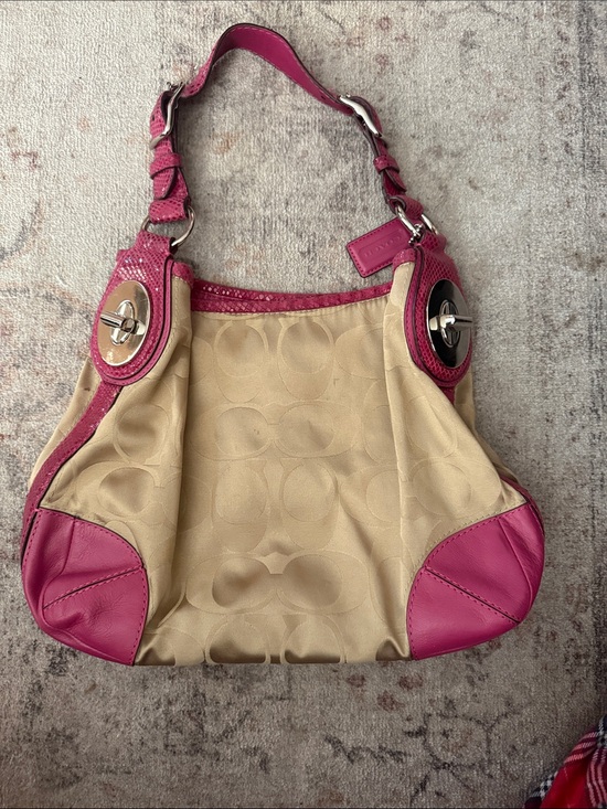 Coach Handbags - Coach Beige Signature Canvas Hobo with Pink Trim